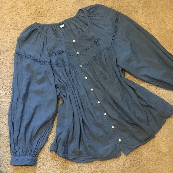 Blue Plentiful Pleats Billowing Sleeve Lace and Floral Texture Button Up Blouse - Picture 10 of 16